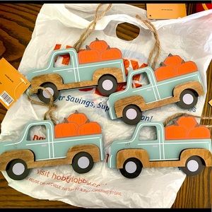 Fall blue truck with pumpkins decor